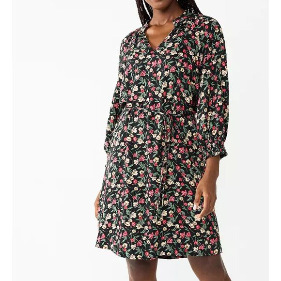 Draper James Elbow Sleeve Dress Black Floral size Large Cottagecore w Belt - Picture 2 of 7
